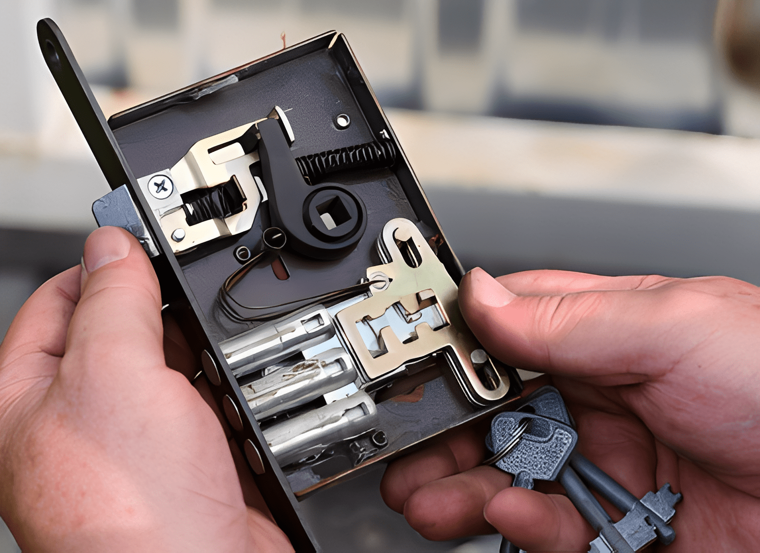 Hands holding an open door lock mechanism.