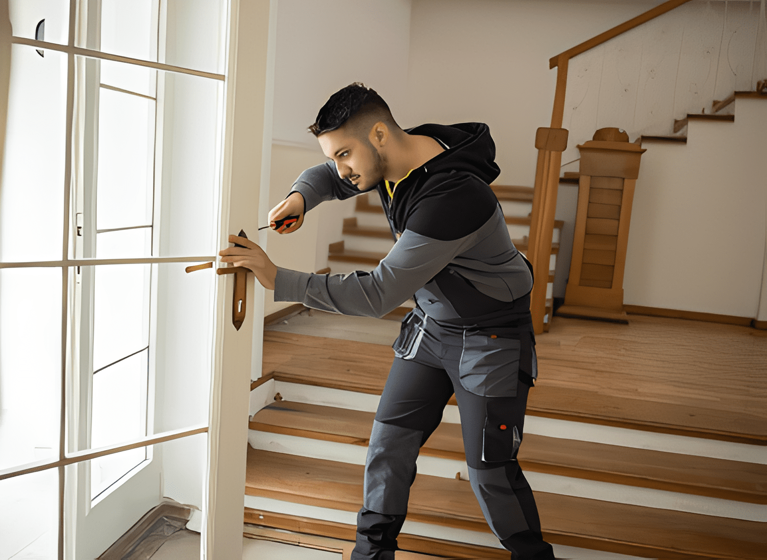Technician fixing door handle