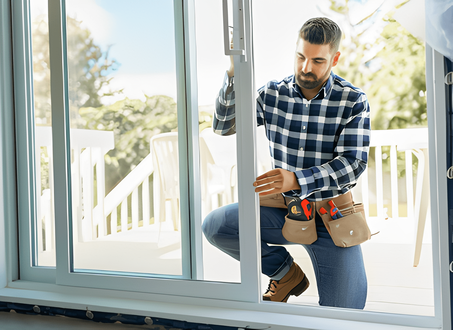 Worker adjusting patio door